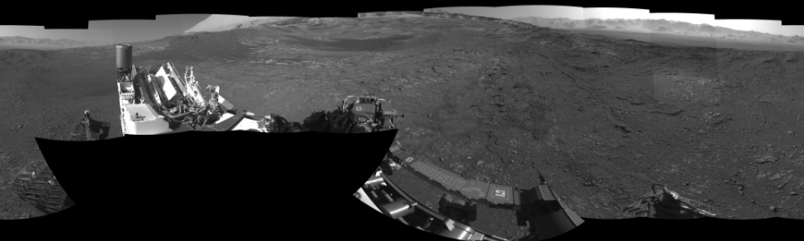 NASA's Mars rover Curiosity took 18 images in Gale Crater using its mast-mounted Left Navigation Camera (Navcam) to create this mosaic. The seam-corrected mosaic provides a 360-degree cylindrical-perspective projection panorama of the Martian surface suitable for stereo viewing, centered at 312 degrees azimuth (measured clockwise from north). This single-eye view must be combined with the partner right image to be viewed in stereo.  Curiosity took the images on January 27, 2018, Sols 1946-1947 of the Mars Science Laboratory mission at drive 3172, site number 67. The local mean solar time for the image exposures was from 3 PM to 4 PM. Each Navcam image has a 45-degree field of view. CREDIT: NASA/JPL-Caltech