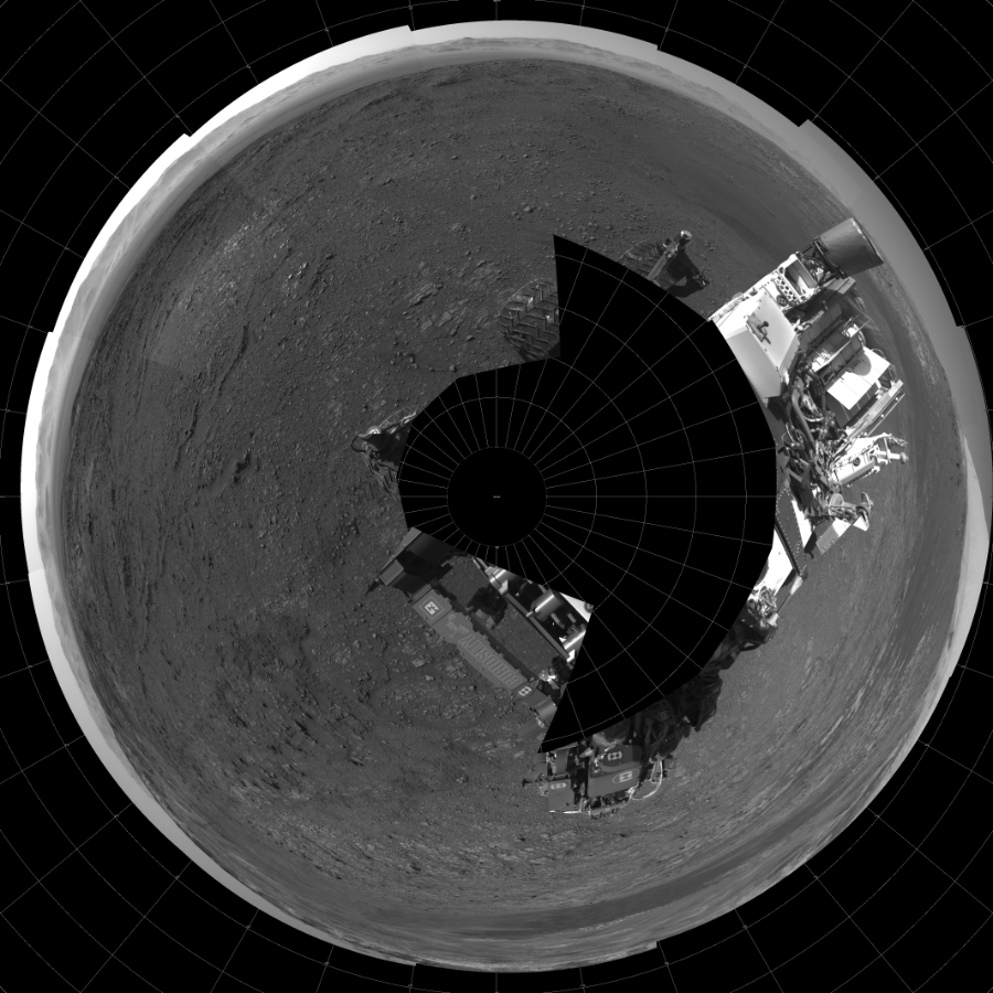 NASA's Mars rover Curiosity took 18 images in Gale Crater using its mast-mounted Left Navigation Camera (Navcam) to create this mosaic. The seam-corrected mosaic provides a polar stereographic projection panorama of the Martian surface with 0 degrees azimuth (measured clockwise from north) at the top of the image. Curiosity took the images on January 27, 2018, Sols 1946-1947 of the Mars Science Laboratory mission at drive 3172, site number 67. The local mean solar time for the image exposures was from 3 PM to 4 PM. Each Navcam image has a 45-degree field of view. CREDIT: NASA/JPL-Caltech