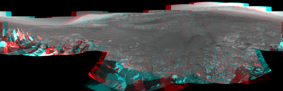 NASA's Mars rover Curiosity took 18 image pairs in Gale Crater using its mast-mounted Navigation Camera (Navcam) to create this mosaic. The seam-corrected mosaic provides a 360-degree cylindrical perspective projection panorama of the Martian surface suitable for stereo viewing, centered at 1 degrees azimuth (measured clockwise from north). This anaglyph must be viewed with red/blue glasses (red over left eye).  Curiosity took the images on January 30, 2018, Sol 1949 of the Mars Science Laboratory mission at drive 0, site number 68. The local mean solar time for the image exposures was 2 PM. Each Navcam image has a 45-degree field of view. CREDIT: NASA/JPL-Caltech
