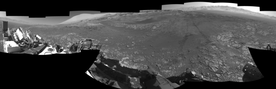 NASA's Mars rover Curiosity took 18 images in Gale Crater using its mast-mounted Left Navigation Camera (Navcam) to create this mosaic. The seam-corrected mosaic provides a 360-degree cylindrical-perspective projection panorama of the Martian surface suitable for stereo viewing, centered at 1 degrees azimuth (measured clockwise from north). This single-eye view must be combined with the partner right image to be viewed in stereo. Curiosity took the images on January 30, 2018, Sol 1949 of the Mars Science Laboratory mission at drive 0, site number 68. The local mean solar time for the image exposures was 2 PM. Each Navcam image has a 45-degree field of view. CREDIT: NASA/JPL-Caltech