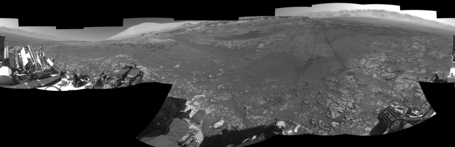 NASA's Mars rover Curiosity took 18 images in Gale Crater using its mast-mounted Right Navigation Camera (Navcam) to create this mosaic. The seam-corrected mosaic provides a 0-degree cylindrical-perspective projection panorama of the Martian surface suitable for stereo viewing, centered at 174 degrees azimuth (measured clockwise from north). This single-eye view must be combined with the partner left image to be viewed in stereo. Curiosity took the images on January 30, 2018, Sol 1949 of the Mars Science Laboratory mission at drive 0, site number 68. The local mean solar time for the image exposures was 2 PM. Each Navcam image has a 45-degree field of view. CREDIT: NASA/JPL-Caltech
