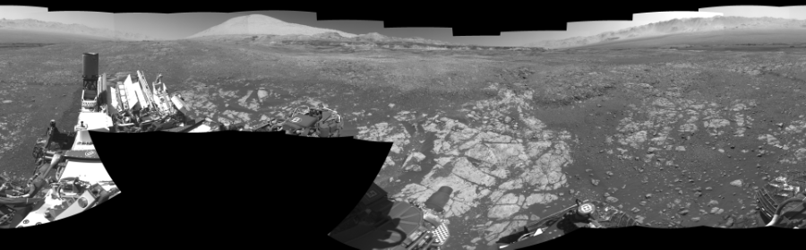 NASA's Mars rover Curiosity took 19 images in Gale Crater using its mast-mounted Right Navigation Camera (Navcam) to create this mosaic. The seam-corrected mosaic provides a 0-degree cylindrical-perspective projection panorama of the Martian surface suitable for stereo viewing, centered at 135 degrees azimuth (measured clockwise from north). This single-eye view must be combined with the partner left image to be viewed in stereo. Curiosity took the images on February 12, 2018, Sol 1962 of the Mars Science Laboratory mission at drive 580, site number 68. The local mean solar time for the image exposures was from 1 PM to 12 PM. Each Navcam image has a 45-degree field of view. CREDIT: NASA/JPL-Caltech