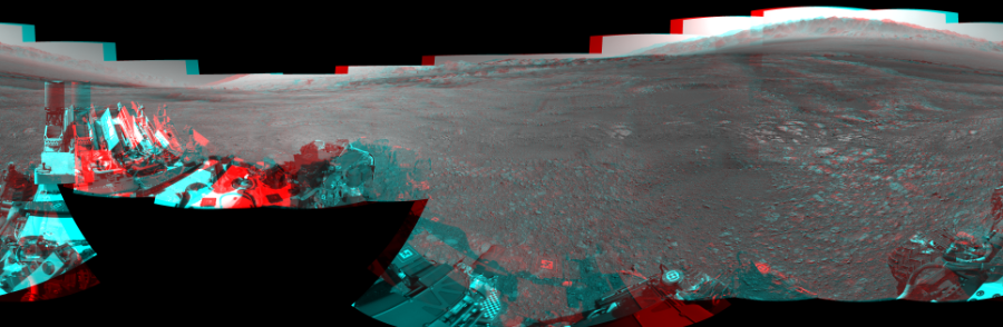 NASA's Mars rover Curiosity took 19 image pairs in Gale Crater using its mast-mounted Navigation Camera (Navcam) to create this mosaic. The seam-corrected mosaic provides a 360-degree cylindrical perspective projection panorama of the Martian surface suitable for stereo viewing, centered at 340 degrees azimuth (measured clockwise from north). This anaglyph must be viewed with red/blue glasses (red over left eye). Curiosity took the images on March 08, 2018, Sol 1985 of the Mars Science Laboratory mission at drive 772, site number 68. The local mean solar time for the image exposures was 2 PM. Each Navcam image has a 45-degree field of view. CREDIT: NASA/JPL-Caltech