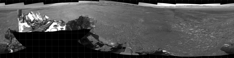 NASA's Mars rover Curiosity took 19 images in Gale Crater using its mast-mounted Left Navigation Camera (Navcam) to create this mosaic. The seam-corrected mosaic provides a 360-degree cylindrical projection panorama of the Martian surface centered at 180 degrees azimuth (measured clockwise from north). Curiosity took the images on March 08, 2018, Sol 1985 of the Mars Science Laboratory mission at drive 772, site number 68. The local mean solar time for the image exposures was 2 PM. Each Navcam image has a 45 degree field of view. CREDIT: NASA/JPL-Caltech