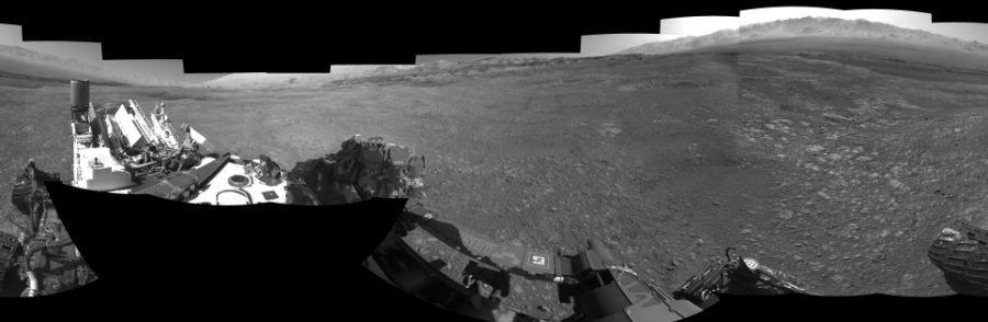 NASA's Mars rover Curiosity took 19 images in Gale Crater using its mast-mounted Left Navigation Camera (Navcam) to create this mosaic. The seam-corrected mosaic provides a 360-degree cylindrical-perspective projection panorama of the Martian surface suitable for stereo viewing, centered at 340 degrees azimuth (measured clockwise from north). This single-eye view must be combined with the partner right image to be viewed in stereo.  Curiosity took the images on March 08, 2018, Sol 1985 of the Mars Science Laboratory mission at drive 772, site number 68. The local mean solar time for the image exposures was 2 PM. Each Navcam image has a 45-degree field of view. CREDIT: NASA/JPL-Caltech