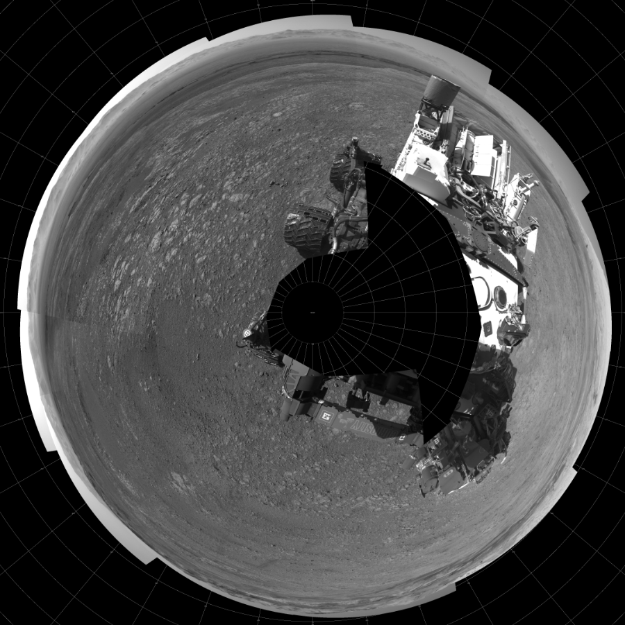 NASA's Mars rover Curiosity took 19 images in Gale Crater using its mast-mounted Left Navigation Camera (Navcam) to create this mosaic. The seam-corrected mosaic provides a polar stereographic projection panorama of the Martian surface with 0 degrees azimuth (measured clockwise from north) at the top of the image. Curiosity took the images on March 08, 2018, Sol 1985 of the Mars Science Laboratory mission at drive 772, site number 68. The local mean solar time for the image exposures was 2 PM. Each Navcam image has a 45-degree field of view. CREDIT: NASA/JPL-Caltech