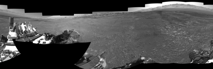 NASA's Mars rover Curiosity took 19 images in Gale Crater using its mast-mounted Right Navigation Camera (Navcam) to create this mosaic. The seam-corrected mosaic provides a 0-degree cylindrical-perspective projection panorama of the Martian surface suitable for stereo viewing, centered at 155 degrees azimuth (measured clockwise from north). This single-eye view must be combined with the partner left image to be viewed in stereo.  Curiosity took the images on March 08, 2018, Sol 1985 of the Mars Science Laboratory mission at drive 772, site number 68. The local mean solar time for the image exposures was 2 PM. Each Navcam image has a 45-degree field of view. CREDIT: NASA/JPL-Caltech