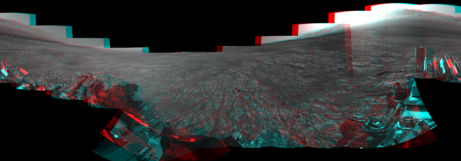 NASA's Mars rover Curiosity took 18 image pairs in Gale Crater using its mast-mounted Navigation Camera (Navcam) to create this mosaic. The seam-corrected mosaic provides a 360-degree cylindrical perspective projection panorama of the Martian surface suitable for stereo viewing, centered at 33 degrees azimuth (measured clockwise from north). This anaglyph must be viewed with red/blue glasses (red over left eye).  Curiosity took the images on March 16, 2018, Sol 1993 of the Mars Science Laboratory mission at drive 2090, site number 68. The local mean solar time for the image exposures was 4 PM. Each Navcam image has a 45-degree field of view. CREDIT: NASA/JPL-Caltech