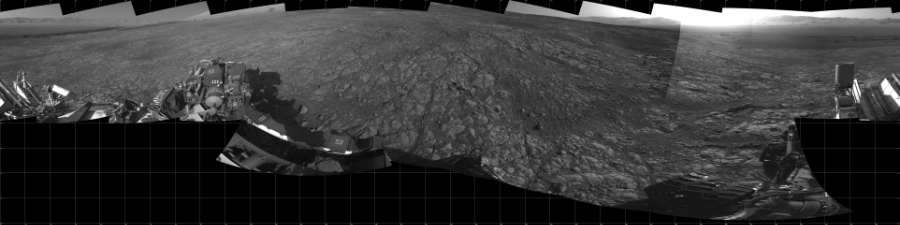 NASA's Mars rover Curiosity took 18 images in Gale Crater using its mast-mounted Left Navigation Camera (Navcam) to create this mosaic. The seam-corrected mosaic provides a 360-degree cylindrical projection panorama of the Martian surface centered at 180 degrees azimuth (measured clockwise from north). Curiosity took the images on March 16, 2018, Sol 1993 of the Mars Science Laboratory mission at drive 2090, site number 68. The local mean solar time for the image exposures was 4 PM. Each Navcam image has a 45 degree field of view. CREDIT: NASA/JPL-Caltech