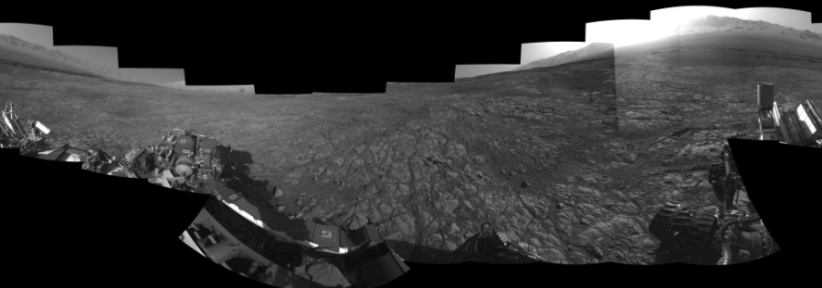 NASA's Mars rover Curiosity took 18 images in Gale Crater using its mast-mounted Left Navigation Camera (Navcam) to create this mosaic. The seam-corrected mosaic provides a 360-degree cylindrical-perspective projection panorama of the Martian surface suitable for stereo viewing, centered at 33 degrees azimuth (measured clockwise from north). This single-eye view must be combined with the partner right image to be viewed in stereo.  Curiosity took the images on March 16, 2018, Sol 1993 of the Mars Science Laboratory mission at drive 2090, site number 68. The local mean solar time for the image exposures was 4 PM. Each Navcam image has a 45-degree field of view. CREDIT: NASA/JPL-Caltech