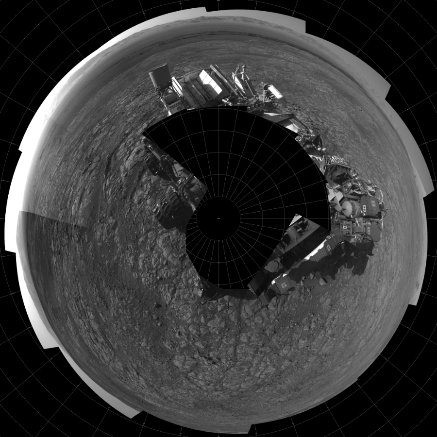 NASA's Mars rover Curiosity took 18 images in Gale Crater using its mast-mounted Left Navigation Camera (Navcam) to create this mosaic. The seam-corrected mosaic provides a polar stereographic projection panorama of the Martian surface with 0 degrees azimuth (measured clockwise from north) at the top of the image. Curiosity took the images on March 16, 2018, Sol 1993 of the Mars Science Laboratory mission at drive 2090, site number 68. The local mean solar time for the image exposures was 4 PM. Each Navcam image has a 45-degree field of view. CREDIT: NASA/JPL-Caltech