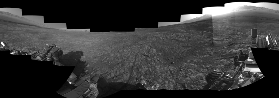 NASA's Mars rover Curiosity took 18 images in Gale Crater using its mast-mounted Right Navigation Camera (Navcam) to create this mosaic. The seam-corrected mosaic provides a 360-degree cylindrical-perspective projection panorama of the Martian surface suitable for stereo viewing, centered at 28 degrees azimuth (measured clockwise from north). This single-eye view must be combined with the partner left image to be viewed in stereo.  Curiosity took the images on March 16, 2018, Sol 1993 of the Mars Science Laboratory mission at drive 2090, site number 68. The local mean solar time for the image exposures was 4 PM. Each Navcam image has a 45-degree field of view. CREDIT: NASA/JPL-Caltech
