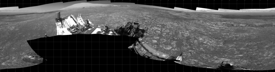 NASA's Mars rover Curiosity took 17 images in Gale Crater using its mast-mounted Left Navigation Camera (Navcam) to create this mosaic. The seam-corrected mosaic provides a 360-degree cylindrical projection panorama of the Martian surface centered at 180 degrees azimuth (measured clockwise from north). Curiosity took the images on March 19, 2018, Sol 1996 of the Mars Science Laboratory mission at drive 2396, site number 68. The local mean solar time for the image exposures was 2 PM. Each Navcam image has a 45 degree field of view. CREDIT: NASA/JPL-Caltech