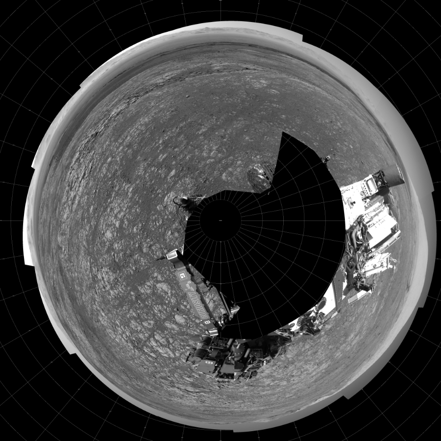 NASA's Mars rover Curiosity took 17 images in Gale Crater using its mast-mounted Left Navigation Camera (Navcam) to create this mosaic. The seam-corrected mosaic provides a polar stereographic projection panorama of the Martian surface with 0 degrees azimuth (measured clockwise from north) at the top of the image. Curiosity took the images on March 19, 2018, Sol 1996 of the Mars Science Laboratory mission at drive 2396, site number 68. The local mean solar time for the image exposures was 2 PM. Each Navcam image has a 45-degree field of view. CREDIT: NASA/JPL-Caltech