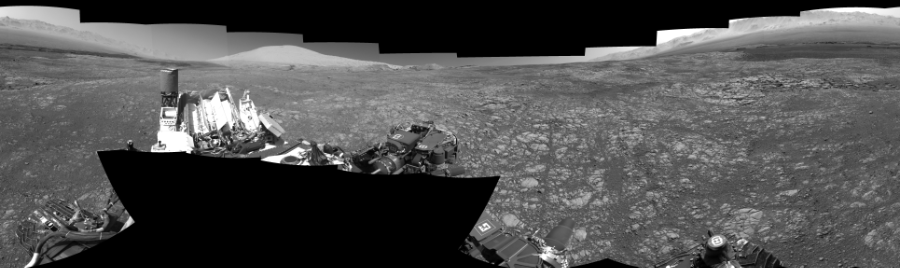 NASA's Mars rover Curiosity took 17 images in Gale Crater using its mast-mounted Right Navigation Camera (Navcam) to create this mosaic. The seam-corrected mosaic provides a 360-degree cylindrical-perspective projection panorama of the Martian surface suitable for stereo viewing, centered at 287 degrees azimuth (measured clockwise from north). This single-eye view must be combined with the partner left image to be viewed in stereo.  Curiosity took the images on March 19, 2018, Sol 1996 of the Mars Science Laboratory mission at drive 2396, site number 68. The local mean solar time for the image exposures was 2 PM. Each Navcam image has a 45-degree field of view. CREDIT: NASA/JPL-Caltech
