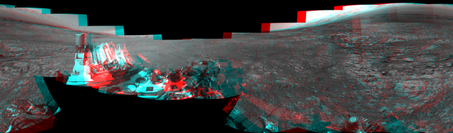 NASA's Mars rover Curiosity took 17 image pairs in Gale Crater using its mast-mounted Navigation Camera (Navcam) to create this mosaic. The seam-corrected mosaic provides a 360-degree cylindrical perspective projection panorama of the Martian surface suitable for stereo viewing, centered at 300 degrees azimuth (measured clockwise from north). This anaglyph must be viewed with red/blue glasses (red over left eye). Curiosity took the images on March 21, 2018, Sol 1998 of the Mars Science Laboratory mission at drive 2484, site number 68. The local mean solar time for the image exposures was 3 PM. Each Navcam image has a 45-degree field of view. CREDIT: NASA/JPL-Caltech