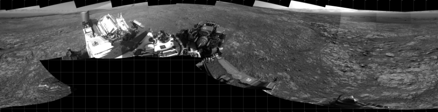 NASA's Mars rover Curiosity took 17 images in Gale Crater using its mast-mounted Left Navigation Camera (Navcam) to create this mosaic. The seam-corrected mosaic provides a 360-degree cylindrical projection panorama of the Martian surface centered at 180 degrees azimuth (measured clockwise from north). Curiosity took the images on March 21, 2018, Sol 1998 of the Mars Science Laboratory mission at drive 2484, site number 68. The local mean solar time for the image exposures was 3 PM. Each Navcam image has a 45 degree field of view. CREDIT: NASA/JPL-Caltech