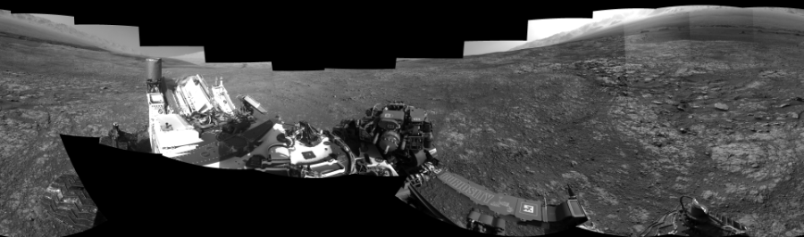 NASA's Mars rover Curiosity took 17 images in Gale Crater using its mast-mounted Left Navigation Camera (Navcam) to create this mosaic. The seam-corrected mosaic provides a 360-degree cylindrical-perspective projection panorama of the Martian surface suitable for stereo viewing, centered at 300 degrees azimuth (measured clockwise from north). This single-eye view must be combined with the partner right image to be viewed in stereo.  Curiosity took the images on March 21, 2018, Sol 1998 of the Mars Science Laboratory mission at drive 2484, site number 68. The local mean solar time for the image exposures was 3 PM. Each Navcam image has a 45-degree field of view. CREDIT: NASA/JPL-Caltech
