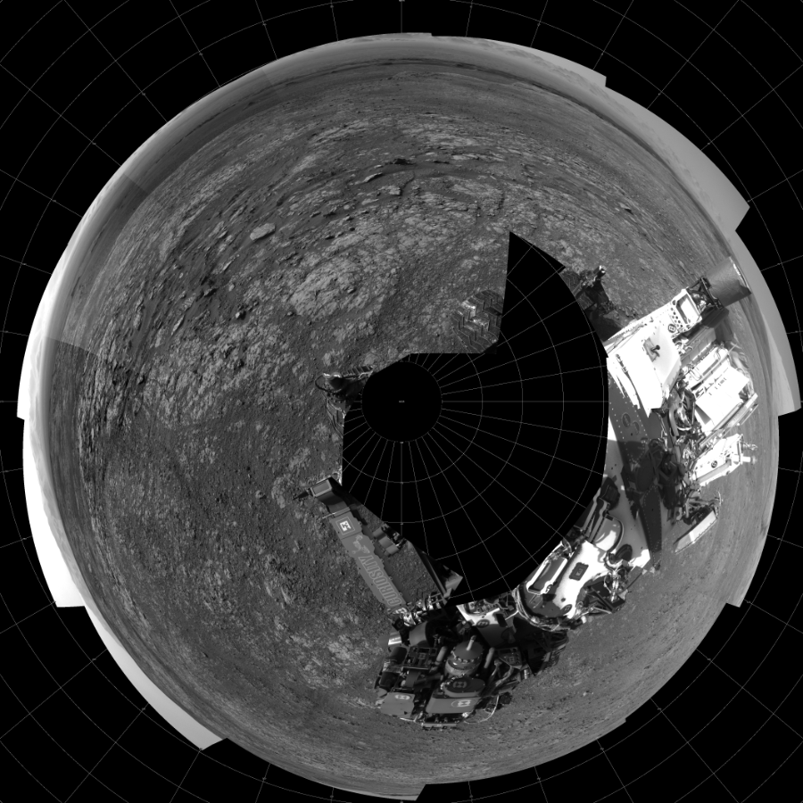 NASA's Mars rover Curiosity took 17 images in Gale Crater using its mast-mounted Left Navigation Camera (Navcam) to create this mosaic. The seam-corrected mosaic provides a polar stereographic projection panorama of the Martian surface with 0 degrees azimuth (measured clockwise from north) at the top of the image. Curiosity took the images on March 21, 2018, Sol 1998 of the Mars Science Laboratory mission at drive 2484, site number 68. The local mean solar time for the image exposures was 3 PM. Each Navcam image has a 45-degree field of view. CREDIT: NASA/JPL-Caltech