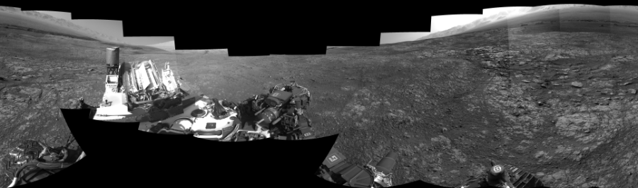 NASA's Mars rover Curiosity took 17 images in Gale Crater using its mast-mounted Right Navigation Camera (Navcam) to create this mosaic. The seam-corrected mosaic provides a 360-degree cylindrical-perspective projection panorama of the Martian surface suitable for stereo viewing, centered at 293 degrees azimuth (measured clockwise from north). This single-eye view must be combined with the partner left image to be viewed in stereo.  Curiosity took the images on March 21, 2018, Sol 1998 of the Mars Science Laboratory mission at drive 2484, site number 68. The local mean solar time for the image exposures was 3 PM. Each Navcam image has a 45-degree field of view. CREDIT: NASA/JPL-Caltech