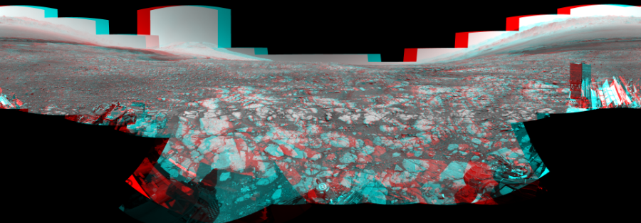 NASA's Mars rover Curiosity took 18 image pairs in Gale Crater using its mast-mounted Navigation Camera (Navcam) to create this mosaic. The seam-corrected mosaic provides a 360-degree cylindrical perspective projection panorama of the Martian surface suitable for stereo viewing, centered at 40 degrees azimuth (measured clockwise from north). This anaglyph must be viewed with red/blue glasses (red over left eye).  Curiosity took the images on March 22, 2018, Sols 1999-2000 of the Mars Science Laboratory mission at drive 2626, site number 68. The local mean solar time for the image exposures was from 1 PM to 11 AM. Each Navcam image has a 45-degree field of view. CREDIT: NASA/JPL-Caltech