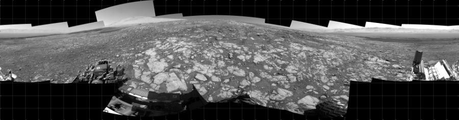 NASA's Mars rover Curiosity took 18 images in Gale Crater using its mast-mounted Left Navigation Camera (Navcam) to create this mosaic. The seam-corrected mosaic provides a 360-degree cylindrical projection panorama of the Martian surface centered at 180 degrees azimuth (measured clockwise from north). Curiosity took the images on March 22, 2018, Sols 1999-2000 of the Mars Science Laboratory mission at drive 2626, site number 68. The local mean solar time for the image exposures was from 1 PM to 11 AM. Each Navcam image has a 45 degree field of view. CREDIT: NASA/JPL-Caltech