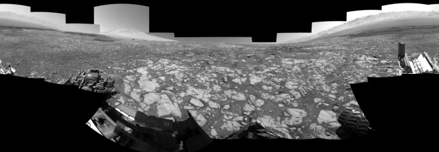 NASA's Mars rover Curiosity took 18 images in Gale Crater using its mast-mounted Left Navigation Camera (Navcam) to create this mosaic. The seam-corrected mosaic provides a 360-degree cylindrical-perspective projection panorama of the Martian surface suitable for stereo viewing, centered at 40 degrees azimuth (measured clockwise from north). This single-eye view must be combined with the partner right image to be viewed in stereo. Curiosity took the images on March 22, 2018, Sols 1999-2000 of the Mars Science Laboratory mission at drive 2626, site number 68. The local mean solar time for the image exposures was from 1 PM to 11 AM. Each Navcam image has a 45-degree field of view. CREDIT: NASA/JPL-Caltech