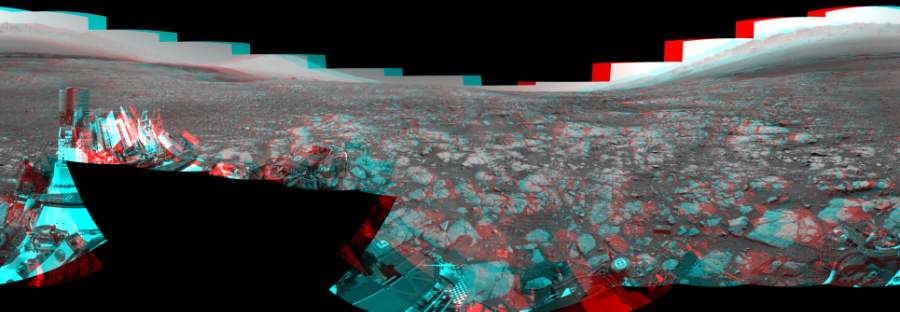 NASA's Mars rover Curiosity took 19 image pairs in Gale Crater using its mast-mounted Navigation Camera (Navcam) to create this mosaic. The seam-corrected mosaic provides a 360-degree cylindrical perspective projection panorama of the Martian surface suitable for stereo viewing, centered at 335 degrees azimuth (measured clockwise from north). This anaglyph must be viewed with red/blue glasses (red over left eye).  Curiosity took the images on March 26, 2018, Sol 2003 of the Mars Science Laboratory mission at drive 0, site number 69. The local mean solar time for the image exposures was 2 PM. Each Navcam image has a 45-degree field of view. CREDIT: NASA/JPL-Caltech