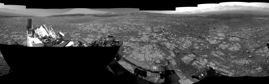NASA's Mars rover Curiosity took 18 images in Gale Crater using its mast-mounted Left Navigation Camera (Navcam) to create this mosaic. The seam-corrected mosaic provides a 360-degree cylindrical-perspective projection panorama of the Martian surface suitable for stereo viewing, centered at 329 degrees azimuth (measured clockwise from north). This single-eye view must be combined with the partner right image to be viewed in stereo.  Curiosity took the images on March 27, 2018, Sol 2004 of the Mars Science Laboratory mission at drive 408, site number 69. The local mean solar time for the image exposures was from 1 PM to 3 PM. Each Navcam image has a 45-degree field of view. CREDIT: NASA/JPL-Caltech