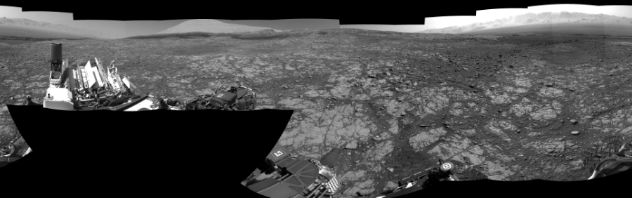NASA's Mars rover Curiosity took 18 images in Gale Crater using its mast-mounted Right Navigation Camera (Navcam) to create this mosaic. The seam-corrected mosaic provides a 0-degree cylindrical-perspective projection panorama of the Martian surface suitable for stereo viewing, centered at 142 degrees azimuth (measured clockwise from north). This single-eye view must be combined with the partner left image to be viewed in stereo. Curiosity took the images on March 27, 2018, Sol 2004 of the Mars Science Laboratory mission at drive 408, site number 69. The local mean solar time for the image exposures was from 1 PM to 3 PM. Each Navcam image has a 45-degree field of view. CREDIT: NASA/JPL-Caltech