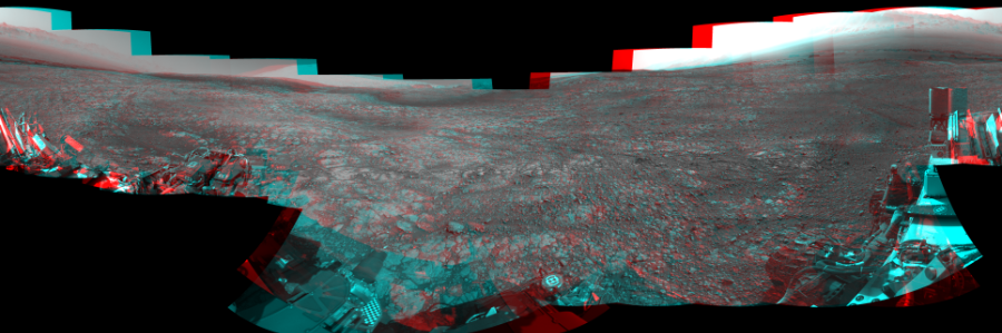 NASA's Mars rover Curiosity took 19 image pairs in Gale Crater using its mast-mounted Navigation Camera (Navcam) to create this mosaic. The seam-corrected mosaic provides a 360-degree cylindrical perspective projection panorama of the Martian surface suitable for stereo viewing, centered at 25 degrees azimuth (measured clockwise from north). This anaglyph must be viewed with red/blue glasses (red over left eye).  Curiosity took the images on March 30, 2018, Sol 2007 of the Mars Science Laboratory mission at drive 714, site number 69. The local mean solar time for the image exposures was from 2 PM to 4 PM. Each Navcam image has a 45-degree field of view. CREDIT: NASA/JPL-Caltech