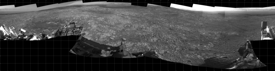 NASA's Mars rover Curiosity took 19 images in Gale Crater using its mast-mounted Left Navigation Camera (Navcam) to create this mosaic. The seam-corrected mosaic provides a 360-degree cylindrical projection panorama of the Martian surface centered at 180 degrees azimuth (measured clockwise from north). Curiosity took the images on March 30, 2018, Sol 2007 of the Mars Science Laboratory mission at drive 714, site number 69. The local mean solar time for the image exposures was from 2 PM to 4 PM. Each Navcam image has a 45 degree field of view. CREDIT: NASA/JPL-Caltech