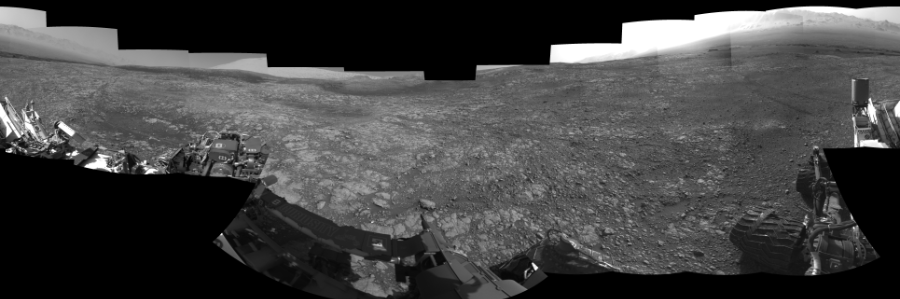 NASA's Mars rover Curiosity took 19 images in Gale Crater using its mast-mounted Left Navigation Camera (Navcam) to create this mosaic. The seam-corrected mosaic provides a 360-degree cylindrical-perspective projection panorama of the Martian surface suitable for stereo viewing, centered at 25 degrees azimuth (measured clockwise from north). This single-eye view must be combined with the partner right image to be viewed in stereo.  Curiosity took the images on March 30, 2018, Sol 2007 of the Mars Science Laboratory mission at drive 714, site number 69. The local mean solar time for the image exposures was from 2 PM to 4 PM. Each Navcam image has a 45-degree field of view. CREDIT: NASA/JPL-Caltech