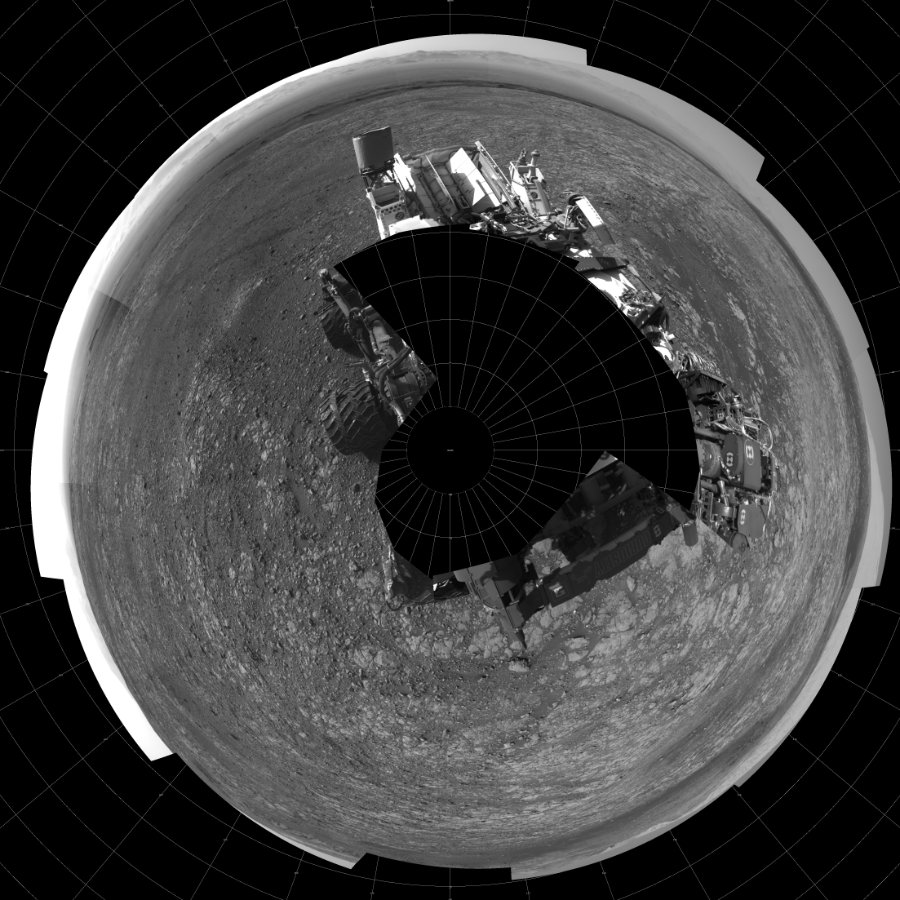 NASA's Mars rover Curiosity took 19 images in Gale Crater using its mast-mounted Left Navigation Camera (Navcam) to create this mosaic. The seam-corrected mosaic provides a polar stereographic projection panorama of the Martian surface with 0 degrees azimuth (measured clockwise from north) at the top of the image. Curiosity took the images on March 30, 2018, Sol 2007 of the Mars Science Laboratory mission at drive 714, site number 69. The local mean solar time for the image exposures was from 2 PM to 4 PM. Each Navcam image has a 45-degree field of view. CREDIT: NASA/JPL-Caltech
