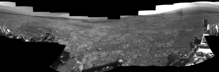 NASA's Mars rover Curiosity took 19 images in Gale Crater using its mast-mounted Right Navigation Camera (Navcam) to create this mosaic. The seam-corrected mosaic provides a 0-degree cylindrical-perspective projection panorama of the Martian surface suitable for stereo viewing, centered at 198 degrees azimuth (measured clockwise from north). This single-eye view must be combined with the partner left image to be viewed in stereo.  Curiosity took the images on March 30, 2018, Sol 2007 of the Mars Science Laboratory mission at drive 714, site number 69. The local mean solar time for the image exposures was from 2 PM to 4 PM. Each Navcam image has a 45-degree field of view. CREDIT: NASA/JPL-Caltech