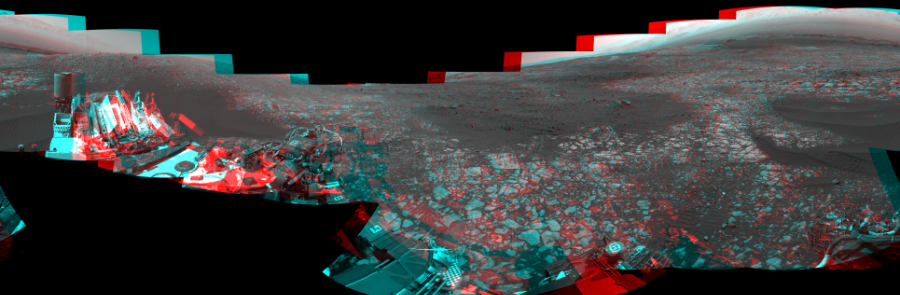 NASA's Mars rover Curiosity took 18 image pairs in Gale Crater using its mast-mounted Navigation Camera (Navcam) to create this mosaic. The seam-corrected mosaic provides a 360-degree cylindrical perspective projection panorama of the Martian surface suitable for stereo viewing, centered at 338 degrees azimuth (measured clockwise from north). This anaglyph must be viewed with red/blue glasses (red over left eye).  Curiosity took the images on April 04, 2018, Sol 2012 of the Mars Science Laboratory mission at drive 1384, site number 69. The local mean solar time for the image exposures was 2 PM. Each Navcam image has a 45-degree field of view. CREDIT: NASA/JPL-Caltech