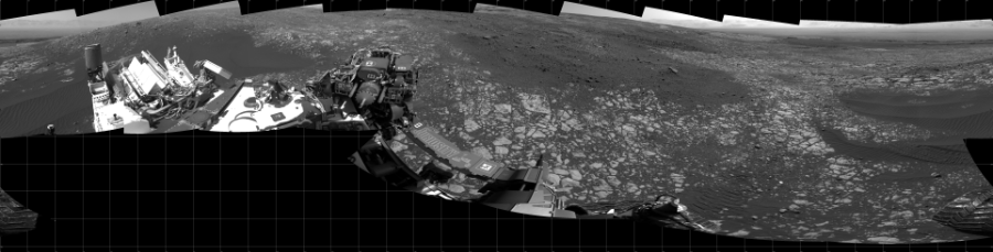 NASA's Mars rover Curiosity took 18 images in Gale Crater using its mast-mounted Left Navigation Camera (Navcam) to create this mosaic. The seam-corrected mosaic provides a 360-degree cylindrical projection panorama of the Martian surface centered at 180 degrees azimuth (measured clockwise from north). Curiosity took the images on April 04, 2018, Sol 2012 of the Mars Science Laboratory mission at drive 1384, site number 69. The local mean solar time for the image exposures was 2 PM. Each Navcam image has a 45 degree field of view. CREDIT: NASA/JPL-Caltech