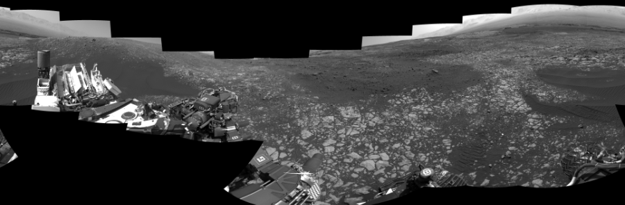 NASA's Mars rover Curiosity took 18 images in Gale Crater using its mast-mounted Right Navigation Camera (Navcam) to create this mosaic. The seam-corrected mosaic provides a 360-degree cylindrical-perspective projection panorama of the Martian surface suitable for stereo viewing, centered at 330 degrees azimuth (measured clockwise from north). This single-eye view must be combined with the partner left image to be viewed in stereo.  Curiosity took the images on April 04, 2018, Sol 2012 of the Mars Science Laboratory mission at drive 1384, site number 69. The local mean solar time for the image exposures was 2 PM. Each Navcam image has a 45-degree field of view. CREDIT: NASA/JPL-Caltech
