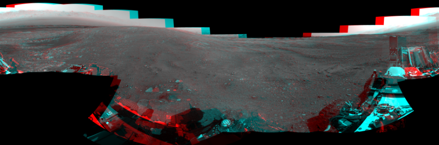 NASA's Mars rover Curiosity took 19 image pairs in Gale Crater using its mast-mounted Navigation Camera (Navcam) to create this mosaic. The seam-corrected mosaic provides a 360-degree cylindrical perspective projection panorama of the Martian surface suitable for stereo viewing, centered at 39 degrees azimuth (measured clockwise from north). This anaglyph must be viewed with red/blue glasses (red over left eye). Curiosity took the images on April 07, 2018, Sol 2014 of the Mars Science Laboratory mission at drive 1552, site number 69. The local mean solar time for the image exposures was 3 PM. Each Navcam image has a 45-degree field of view. CREDIT: NASA/JPL-Caltech