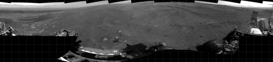 NASA's Mars rover Curiosity took 19 images in Gale Crater using its mast-mounted Left Navigation Camera (Navcam) to create this mosaic. The seam-corrected mosaic provides a 360-degree cylindrical projection panorama of the Martian surface centered at 115 degrees azimuth (measured clockwise from north). Curiosity took the images on April 07, 2018, Sol 2014 of the Mars Science Laboratory mission at drive 1552, site number 69. The local mean solar time for the image exposures was 3 PM. Each Navcam image has a 45 degree field of view. CREDIT: NASA/JPL-Caltech
