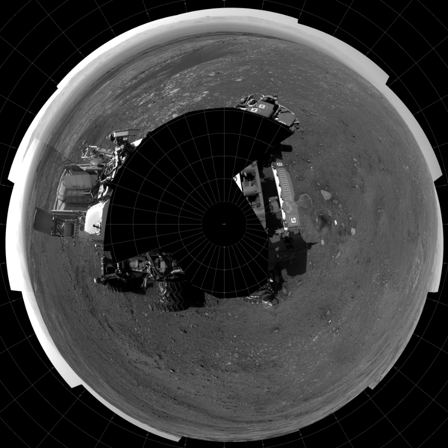 NASA's Mars rover Curiosity took 19 images in Gale Crater using its mast-mounted Left Navigation Camera (Navcam) to create this mosaic. The seam-corrected mosaic provides a polar stereographic projection panorama of the Martian surface with 0 degrees azimuth (measured clockwise from north) at the top of the image. Curiosity took the images on April 07, 2018, Sol 2014 of the Mars Science Laboratory mission at drive 1552, site number 69. The local mean solar time for the image exposures was 3 PM. Each Navcam image has a 45-degree field of view. CREDIT: NASA/JPL-Caltech