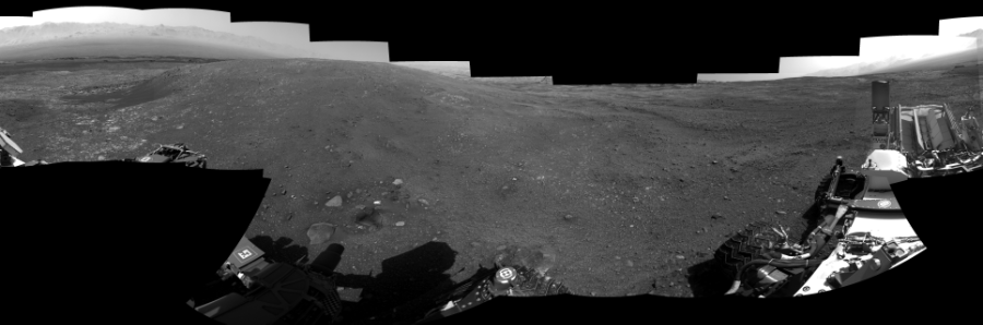 NASA's Mars rover Curiosity took 19 images in Gale Crater using its mast-mounted Right Navigation Camera (Navcam) to create this mosaic. The seam-corrected mosaic provides a 360-degree cylindrical-perspective projection panorama of the Martian surface suitable for stereo viewing, centered at 32 degrees azimuth (measured clockwise from north). This single-eye view must be combined with the partner left image to be viewed in stereo.  Curiosity took the images on April 07, 2018, Sol 2014 of the Mars Science Laboratory mission at drive 1552, site number 69. The local mean solar time for the image exposures was 3 PM. Each Navcam image has a 45-degree field of view. CREDIT: NASA/JPL-Caltech