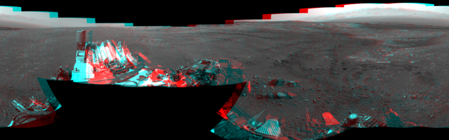 NASA's Mars rover Curiosity took 17 image pairs in Gale Crater using its mast-mounted Navigation Camera (Navcam) to create this mosaic. The seam-corrected mosaic provides a 360-degree cylindrical perspective projection panorama of the Martian surface suitable for stereo viewing, centered at 298 degrees azimuth (measured clockwise from north). This anaglyph must be viewed with red/blue glasses (red over left eye).  Curiosity took the images on April 10, 2018, Sol 2017 of the Mars Science Laboratory mission at drive 1648, site number 69. The local mean solar time for the image exposures was 2 PM. Each Navcam image has a 45-degree field of view. CREDIT: NASA/JPL-Caltech