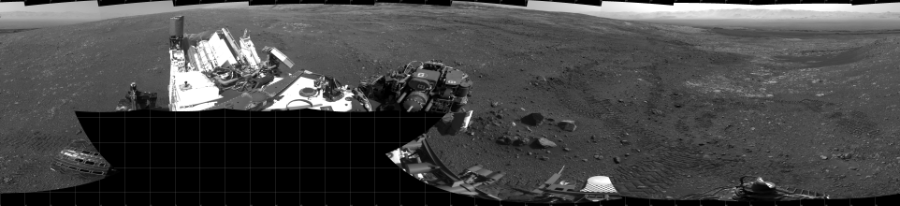 NASA's Mars rover Curiosity took 17 images in Gale Crater using its mast-mounted Left Navigation Camera (Navcam) to create this mosaic. The seam-corrected mosaic provides a 360-degree cylindrical projection panorama of the Martian surface centered at 180 degrees azimuth (measured clockwise from north). Curiosity took the images on April 10, 2018, Sol 2017 of the Mars Science Laboratory mission at drive 1648, site number 69. The local mean solar time for the image exposures was 2 PM. Each Navcam image has a 45 degree field of view. CREDIT: NASA/JPL-Caltech