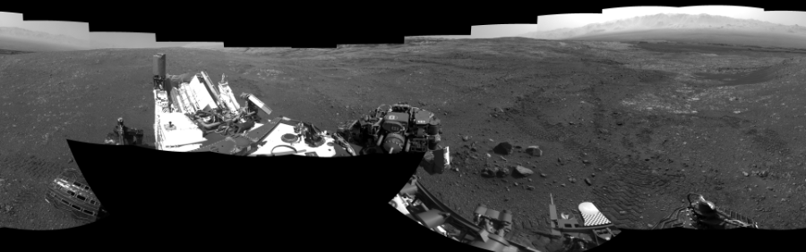 NASA's Mars rover Curiosity took 17 images in Gale Crater using its mast-mounted Left Navigation Camera (Navcam) to create this mosaic. The seam-corrected mosaic provides a 360-degree cylindrical-perspective projection panorama of the Martian surface suitable for stereo viewing, centered at 298 degrees azimuth (measured clockwise from north). This single-eye view must be combined with the partner right image to be viewed in stereo.  Curiosity took the images on April 10, 2018, Sol 2017 of the Mars Science Laboratory mission at drive 1648, site number 69. The local mean solar time for the image exposures was 2 PM. Each Navcam image has a 45-degree field of view. CREDIT: NASA/JPL-Caltech