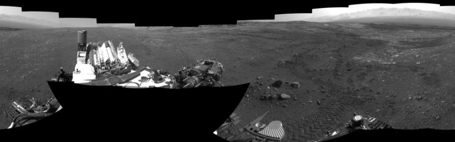 NASA's Mars rover Curiosity took 18 images in Gale Crater using its mast-mounted Right Navigation Camera (Navcam) to create this mosaic. The seam-corrected mosaic provides a 360-degree cylindrical-perspective projection panorama of the Martian surface suitable for stereo viewing, centered at 291 degrees azimuth (measured clockwise from north). This single-eye view must be combined with the partner left image to be viewed in stereo. Curiosity took the images on April 10, 2018, Sol 2017 of the Mars Science Laboratory mission at drive 1648, site number 69. The local mean solar time for the image exposures was from 2 PM to 3 PM. Each Navcam image has a 45-degree field of view. CREDIT: NASA/JPL-Caltech