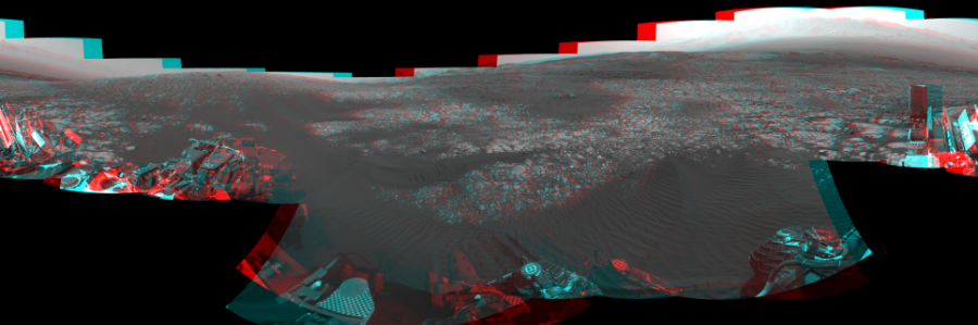 NASA's Mars rover Curiosity took 18 image pairs in Gale Crater using its mast-mounted Navigation Camera (Navcam) to create this mosaic. The seam-corrected mosaic provides a 360-degree cylindrical perspective projection panorama of the Martian surface suitable for stereo viewing, centered at 25 degrees azimuth (measured clockwise from north). This anaglyph must be viewed with red/blue glasses (red over left eye).  Curiosity took the images on April 16, 2018, Sol 2023 of the Mars Science Laboratory mission at drive 1858, site number 69. The local mean solar time for the image exposures was from 2 PM to 4 PM. Each Navcam image has a 45-degree field of view. CREDIT: NASA/JPL-Caltech