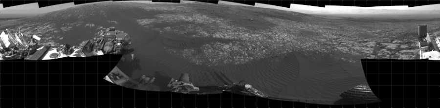 NASA's Mars rover Curiosity took 18 images in Gale Crater using its mast-mounted Left Navigation Camera (Navcam) to create this mosaic. The seam-corrected mosaic provides a 360-degree cylindrical projection panorama of the Martian surface centered at 180 degrees azimuth (measured clockwise from north). Curiosity took the images on April 16, 2018, Sol 2023 of the Mars Science Laboratory mission at drive 1858, site number 69. The local mean solar time for the image exposures was from 2 PM to 4 PM. Each Navcam image has a 45 degree field of view. CREDIT: NASA/JPL-Caltech