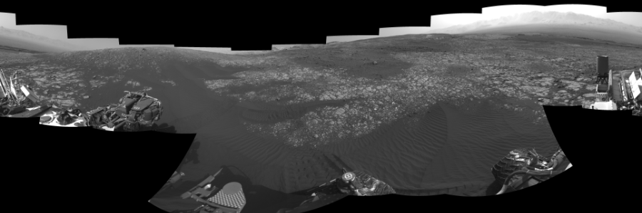 NASA's Mars rover Curiosity took 18 images in Gale Crater using its mast-mounted Right Navigation Camera (Navcam) to create this mosaic. The seam-corrected mosaic provides a 0-degree cylindrical-perspective projection panorama of the Martian surface suitable for stereo viewing, centered at 198 degrees azimuth (measured clockwise from north). This single-eye view must be combined with the partner left image to be viewed in stereo. Curiosity took the images on April 16, 2018, Sol 2023 of the Mars Science Laboratory mission at drive 1858, site number 69. The local mean solar time for the image exposures was from 2 PM to 4 PM. Each Navcam image has a 45-degree field of view. CREDIT: NASA/JPL-Caltech