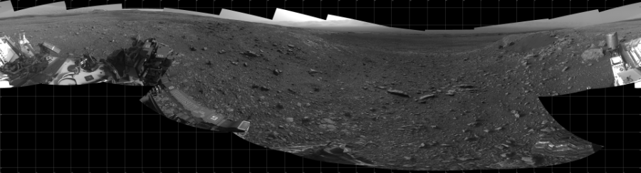 NASA's Mars rover Curiosity took 17 images in Gale Crater using its mast-mounted Left Navigation Camera (Navcam) to create this mosaic. The seam-corrected mosaic provides a 360-degree cylindrical projection panorama of the Martian surface centered at 270 degrees azimuth (measured clockwise from north). Curiosity took the images on April 25, 2018, Sol 2032 of the Mars Science Laboratory mission at drive 2766, site number 69. The local mean solar time for the image exposures was from 3 PM to 4 PM. Each Navcam image has a 45 degree field of view. CREDIT: NASA/JPL-Caltech